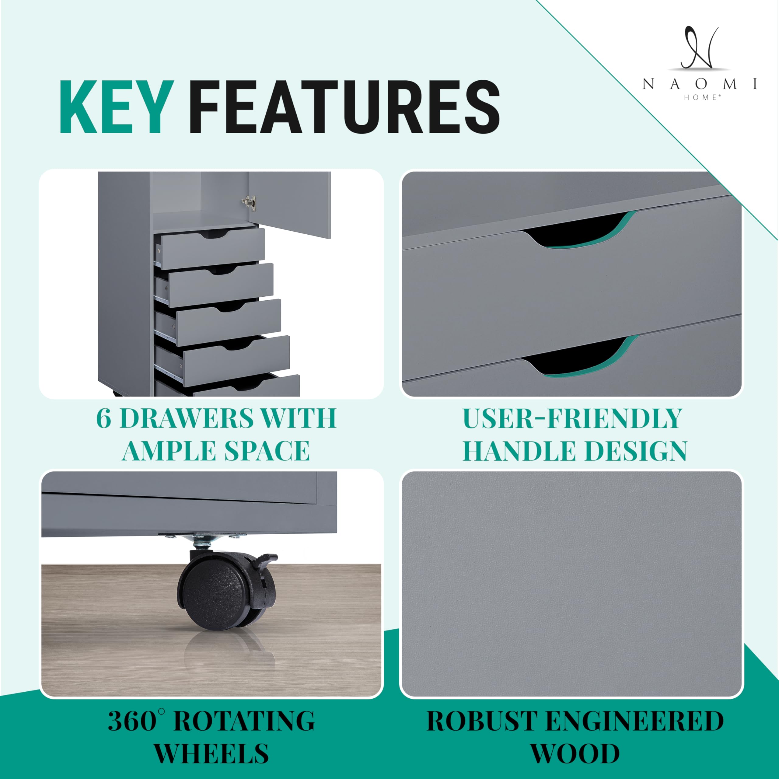 Naomi Home 6-Drawer Rolling Storage Chest - Gray Office Cabinet for Organizing Files, Supplies & Stationery | Perfect for Home Office, Classroom & Workspace Storage