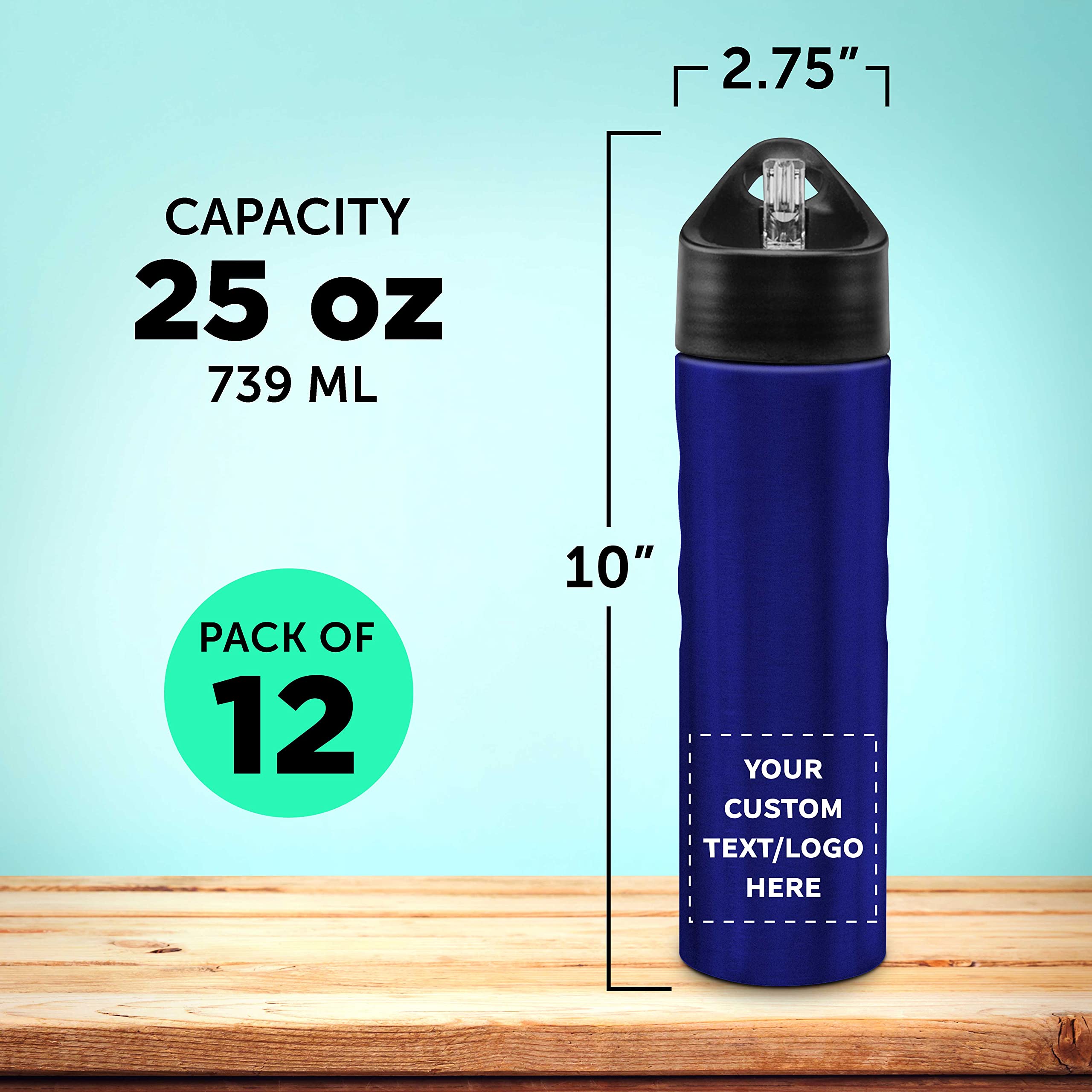 Custom Slim Stainless Steel Water Bottles 25oz (12 Pack) - Personalized Text & Logo - Reusable Gym & Sports Bottles - Bulk Pack - Blue - Perfect for Workouts, Hiking, Office & Outdoor Activities