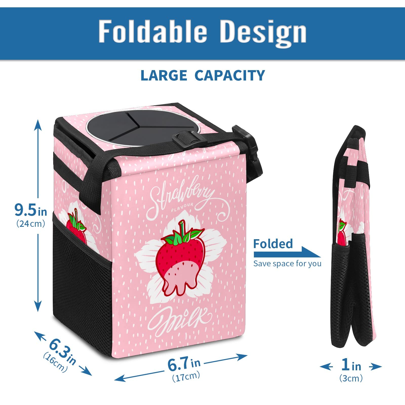 Collapsible Reusable Waterproof Car Trash Can with Lid - Strawberry Milk Design - Automotive Garbage Bin for Car, Truck & SUV - Perfect for Road Trips, Commuting & Keeping Your Vehicle Clean