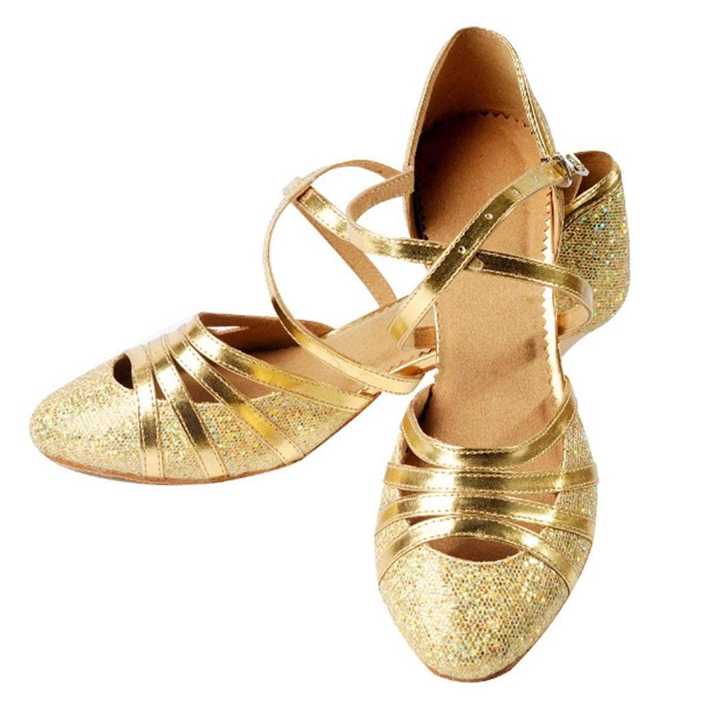 Hbeylia Vintage Women's Glitter Sequin Round Toe Sandals - Chunky Mid Heel Cross Ankle Strap Ballet Flats for Wedding, Party, Ballroom, Latin Salsa Dance, Prom, Evening Events & Special Occasions