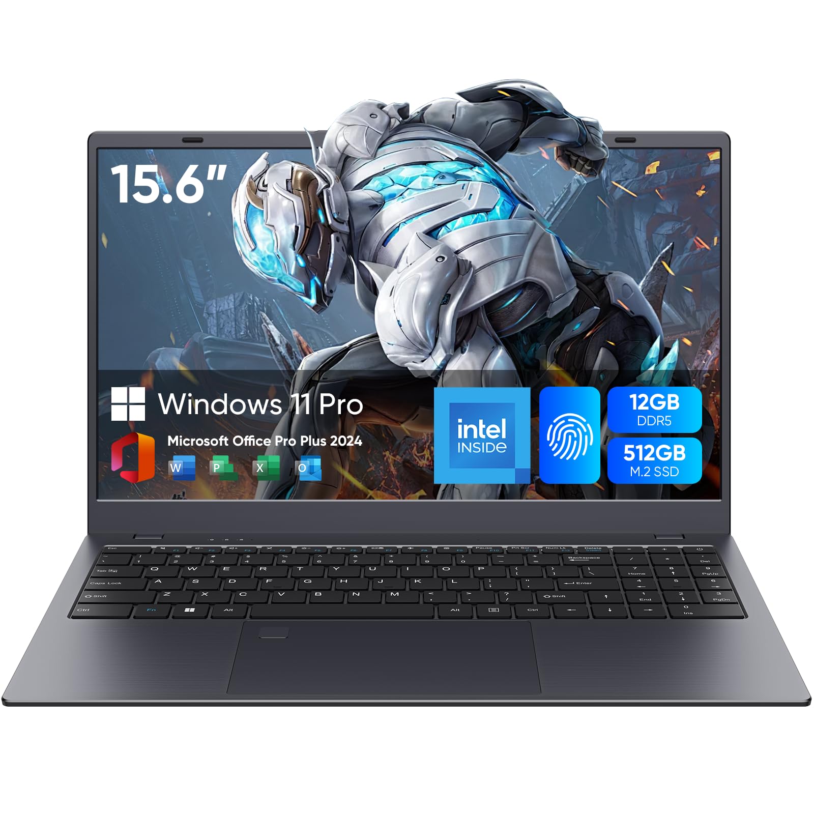 15.6 Inch Windows 11 Laptop - Full HD 1920x1080 IPS Display, 12GB DDR5 RAM, 512GB SSD, Intel N95 Processor (Faster Than N5095), Fingerprint Unlock, WiFi 5 & Bluetooth, Backlit Keyboard - Perfect for Work, Study & Entertainment