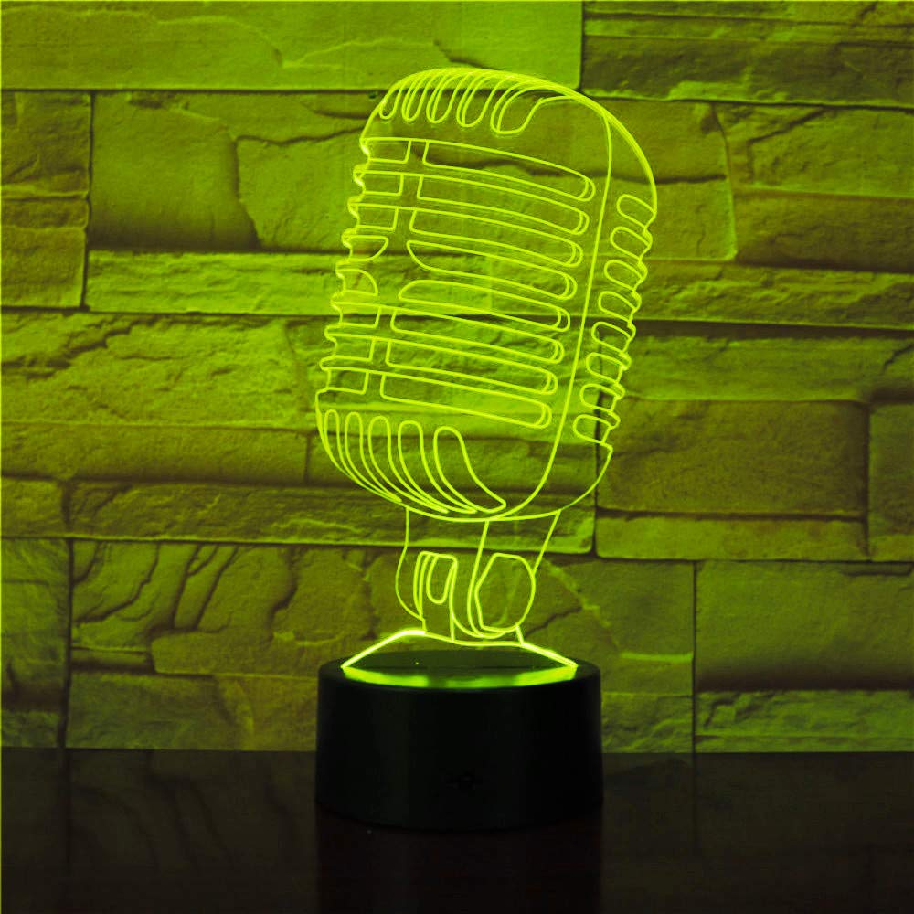 3D Microphone Night Light - 7 Color Changing LED Table Lamp with Touch Switch, Optical Illusion Desk Decor for Home, Kids Room, Christmas & Birthday Gifts - Perfect for Bedside, Nursery, Office, and Party Decorations