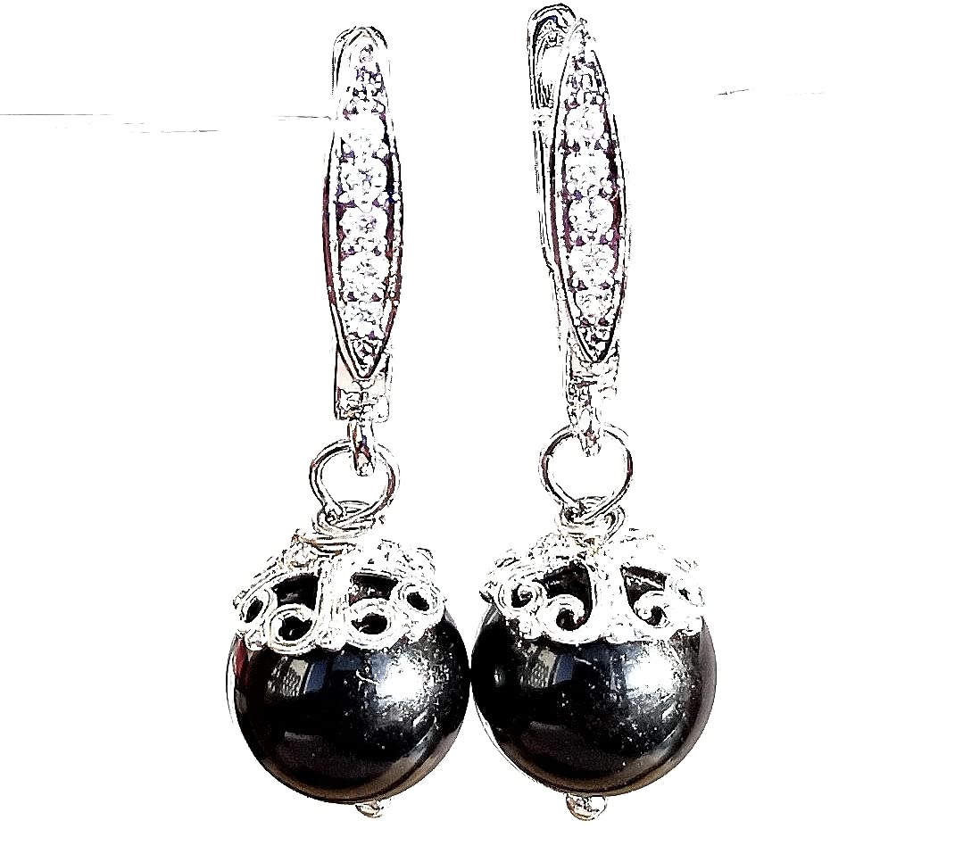 Black Obsidian Earrings for Women - Handmade Natural Gemstone Dangle Drop Earrings - Black Beaded Earrings with Cubic Zirconia - Perfect for Everyday Wear, Office, Parties & Special Occasions