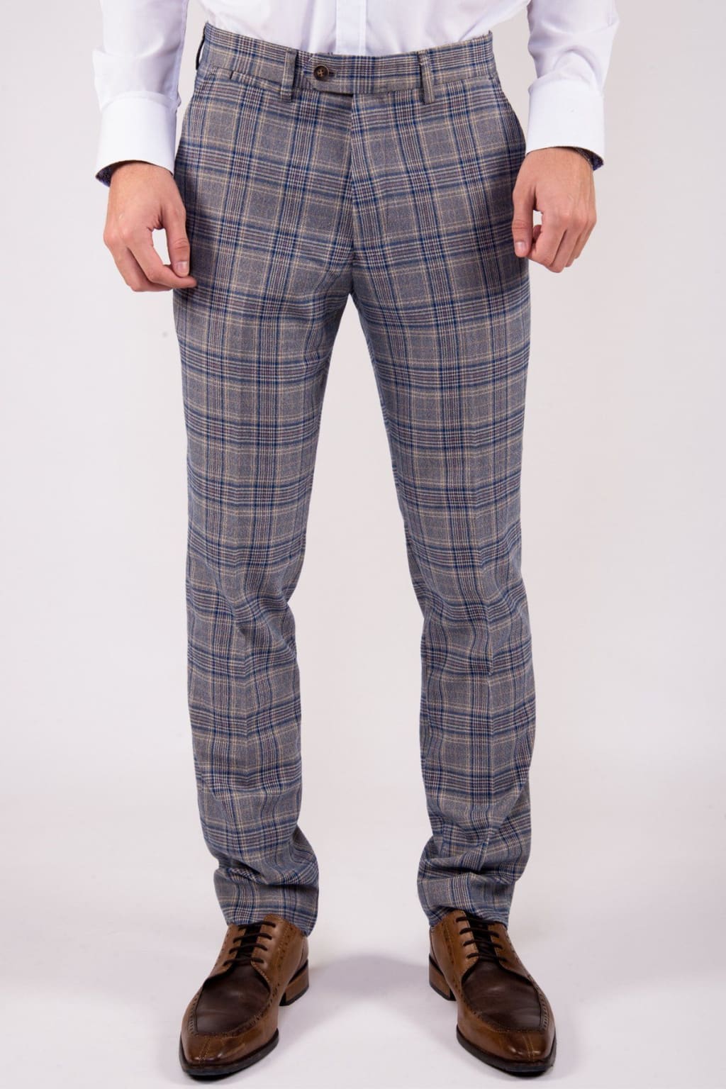 Marc Darcy Enzo Blue Stone Check Tweed Trousers for Men - Classic Wool Blend Pants for Office, Business Casual & Winter Wear