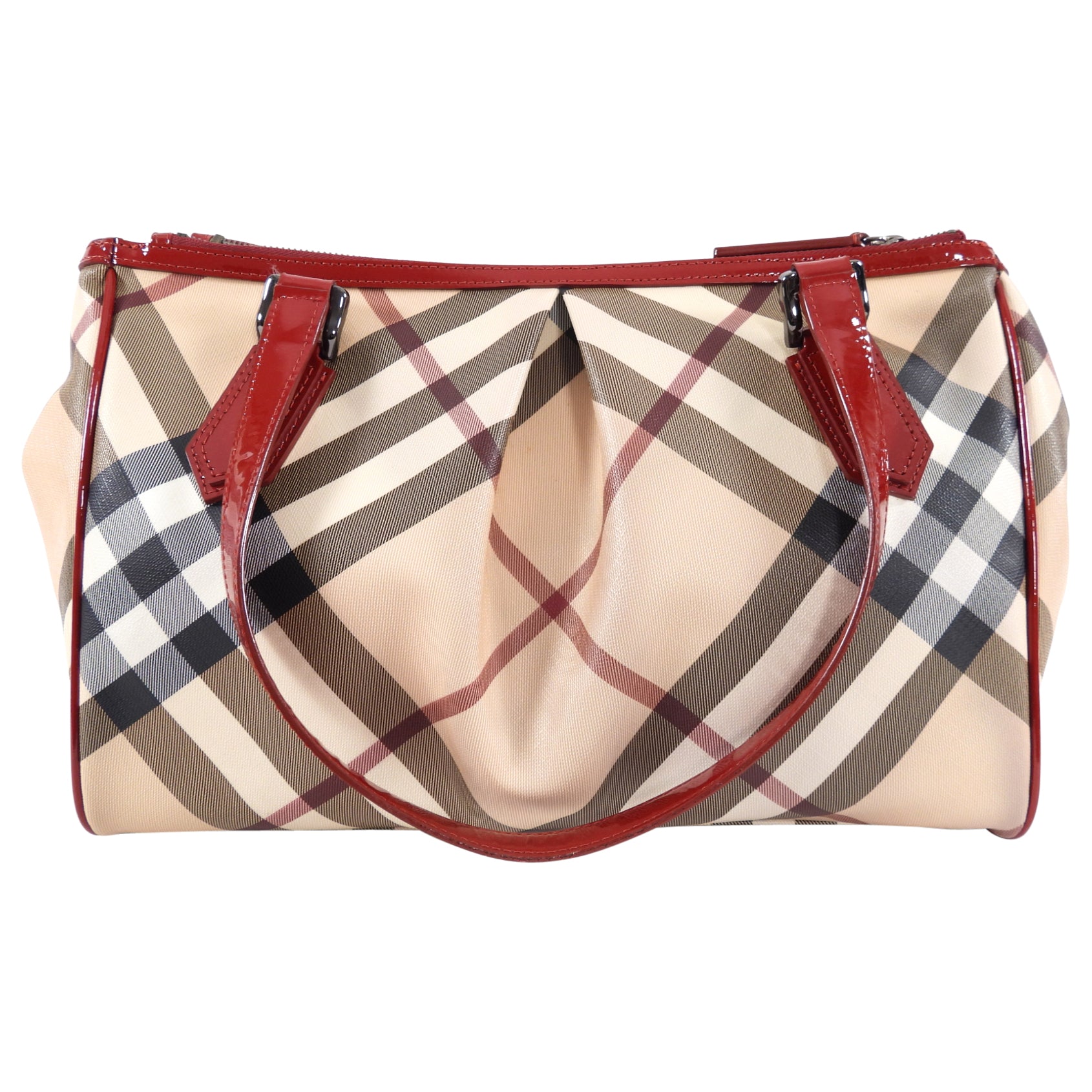 Burberry Red Patent Leather Trim Super Nova Check Tote Bag for Women - Luxury Designer Handbag for Work, Travel & Everyday Use