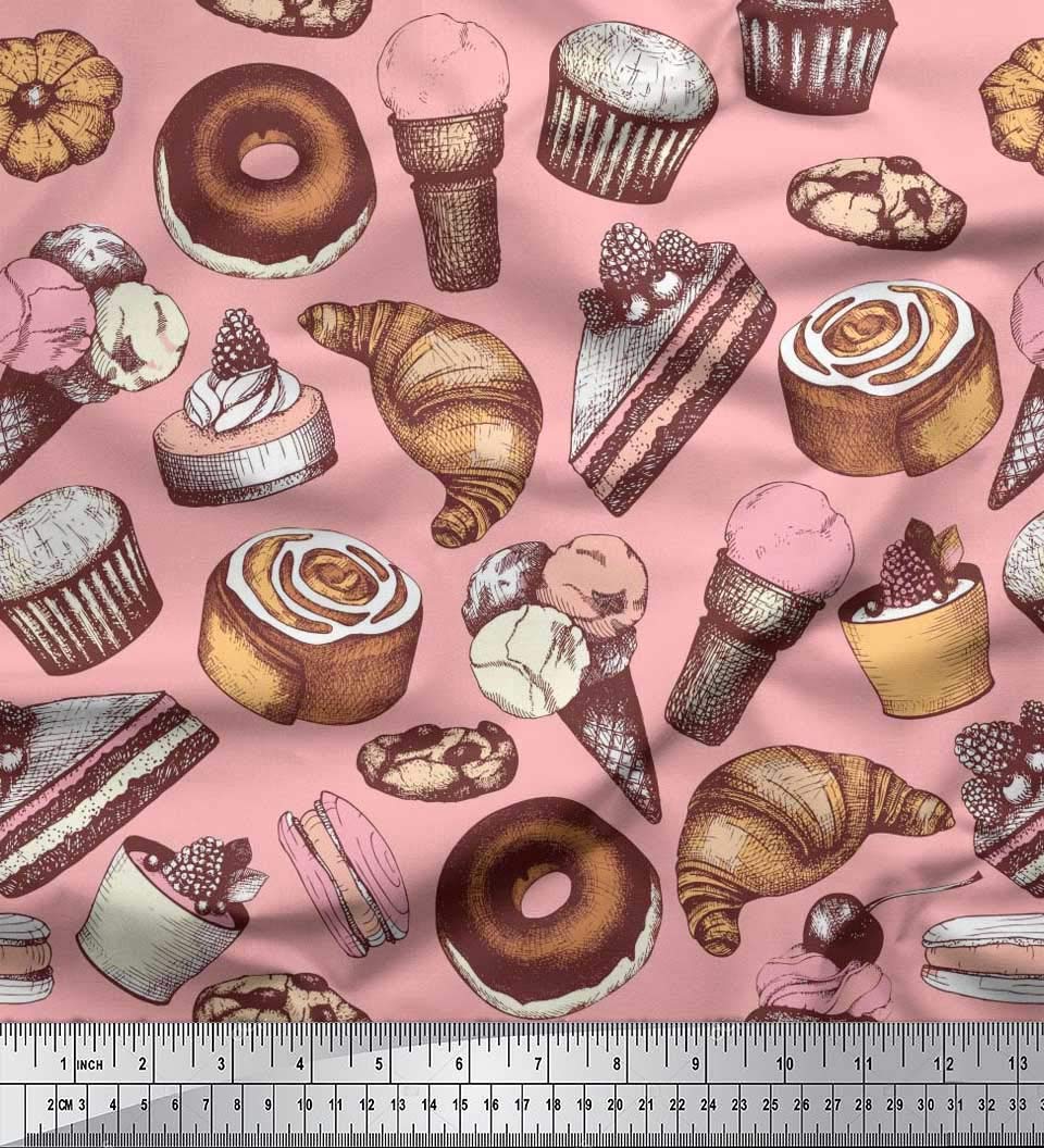 Soimoi 100% Cotton Cambric Fabric - Pink Cupcake, Donut & Cookies Print - 56