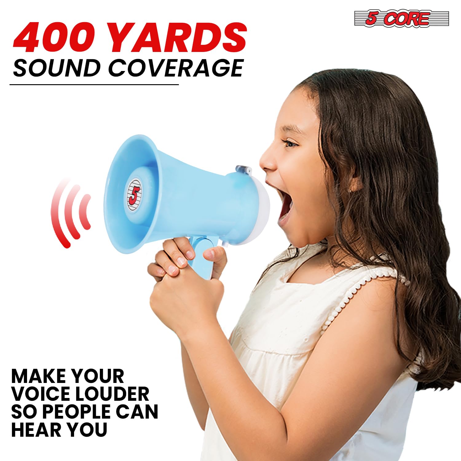 5 Core Megaphone Bullhorn Speaker - 15W Mini Battery Powered Bull Horn with Siren & 400 Yard Range - Perfect for Outdoor Events, Sports Games, Emergency Alerts, and Crowd Control