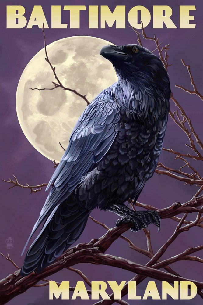 Baltimore Maryland Raven and Moon Purple Sky 46335 - Signed 24x36 Art Print Poster, Wall Decor for Living Room, Bedroom & Office - Gothic Home Decor, Unique Gift Idea