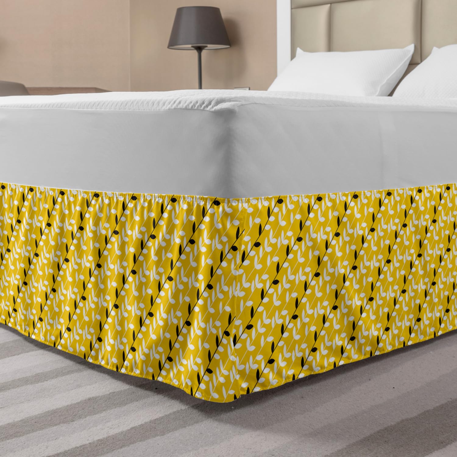 Ambesonne Asian Leaves Bedskirt - King Size Yellow Grey for Elegant Bedroom Decor
