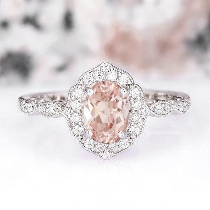 Vintage Morganite Ring Sterling Silver - Rose Gold Plated, 925 Sterling Silver, 5x7mm Oval Cut, Engagement & Wedding Ring for Women, Perfect for Valentine's Day & Anniversary Gifts