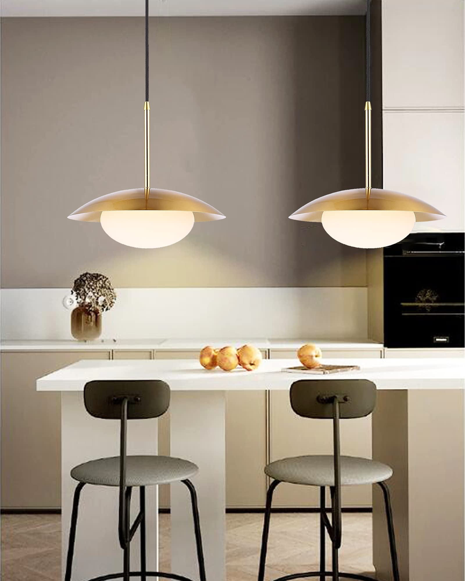 Modern Pendant Lighting Set of 2 - Industrial Hanging Lights with Brushed Brass Finish & White Globe Glass Shades - Perfect for Kitchen Island, Dining Room, and Living Room Lighting Decor