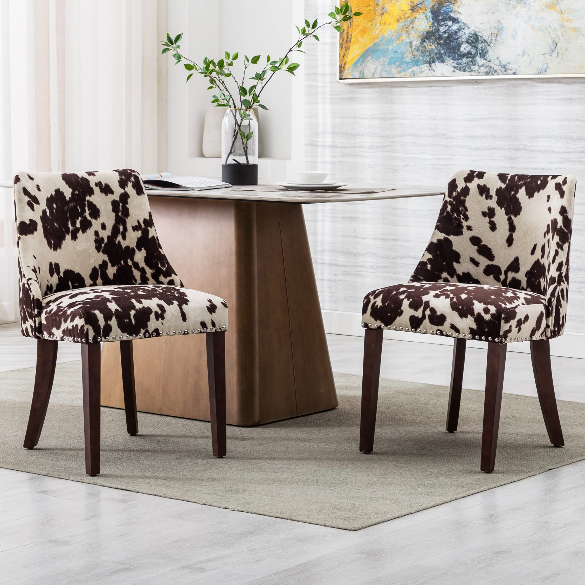 Kmax Fabric Dining Chairs Set of 2 - Upholstered Side Chairs with Wood Legs & Nailhead Trim - Farmhouse Style Accent Chairs for Dining Room, Guest Room, Restaurant - Perfect for Home Decor, Kitchen, and Office Use