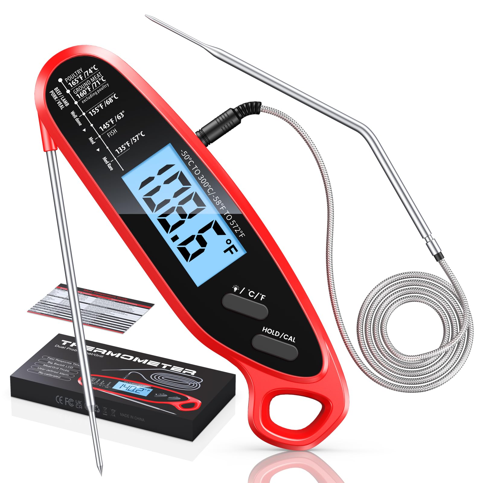 **Digital Instant Read Meat Thermometer with Dual Probes - Large Backlit LCD, Calibration Function - Perfect for Grilling, Smoking, BBQ, Oven, Air Fryer & Deep Frying - Essential Kitchen Cooking Tool**