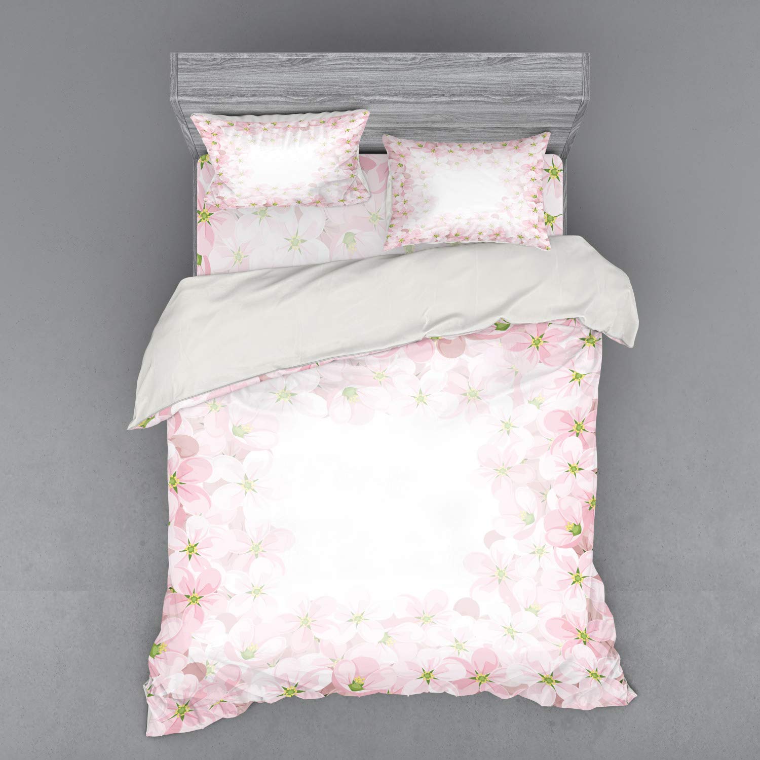 Ambesonne Floral Duvet Cover Set - Romantic Apple Blossom Design, 3-Piece Queen Size Bedding Set with Sham & Fitted Sheet in Lime Green & Pale Pink | Perfect for Spring Bedroom Decor, Guest Room Makeover & Cozy Farmhouse Style