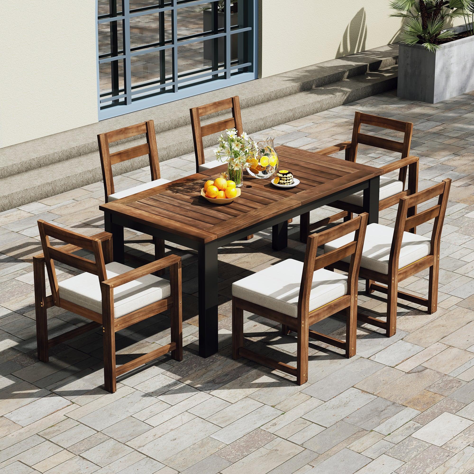 7-Piece Outdoor Patio Dining Set - Wooden Table with Umbrella Hole & 6 Chairs (2 Armchairs + 4 Side Chairs) for Garden, Backyard, Poolside - Perfect for BBQs, Family Gatherings & Outdoor Entertaining