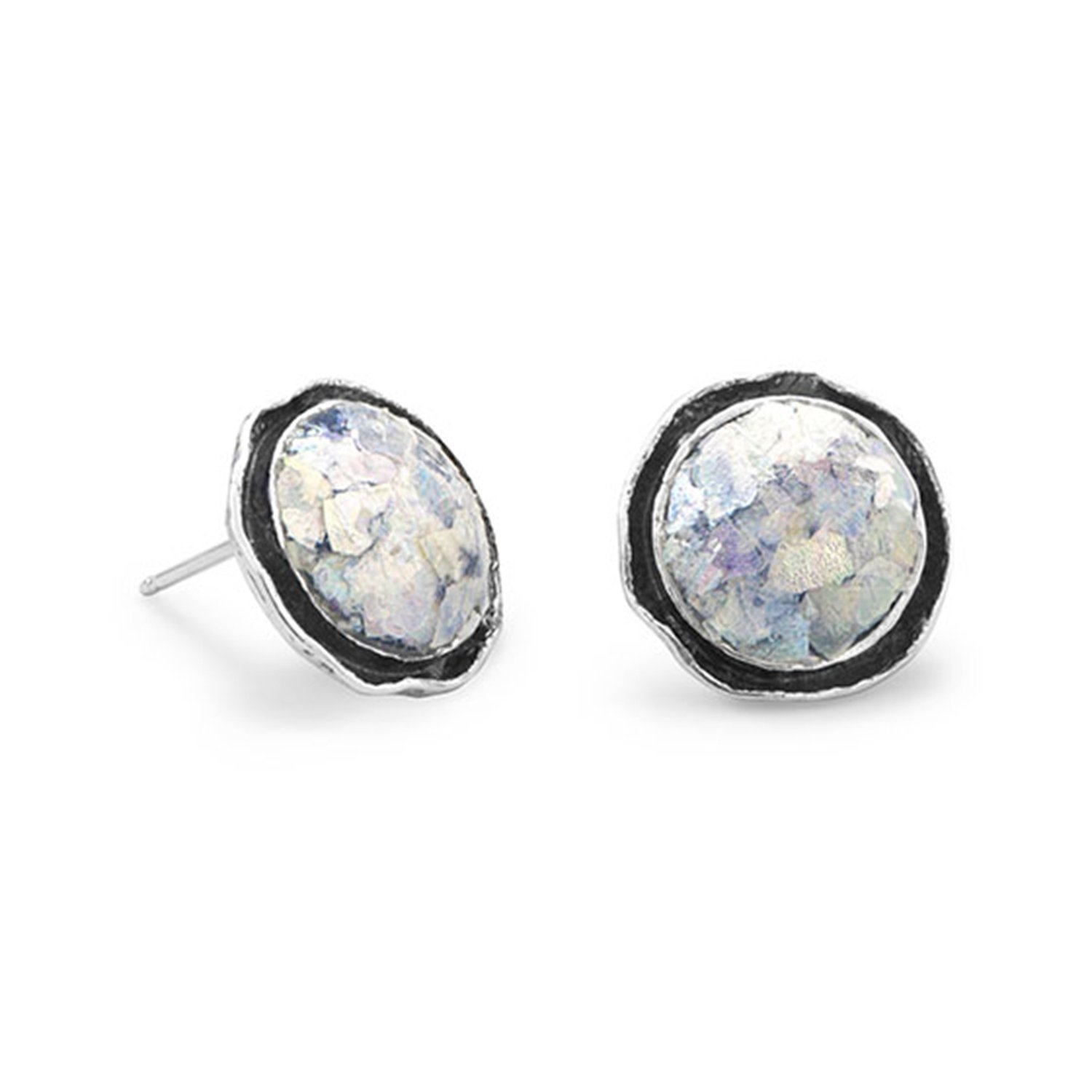 Ancient Roman Glass Stud Earrings - Round Antique Edge Sterling Silver Earrings for Women | Vintage Jewelry Gift for Her, Birthday, Anniversary, Wedding