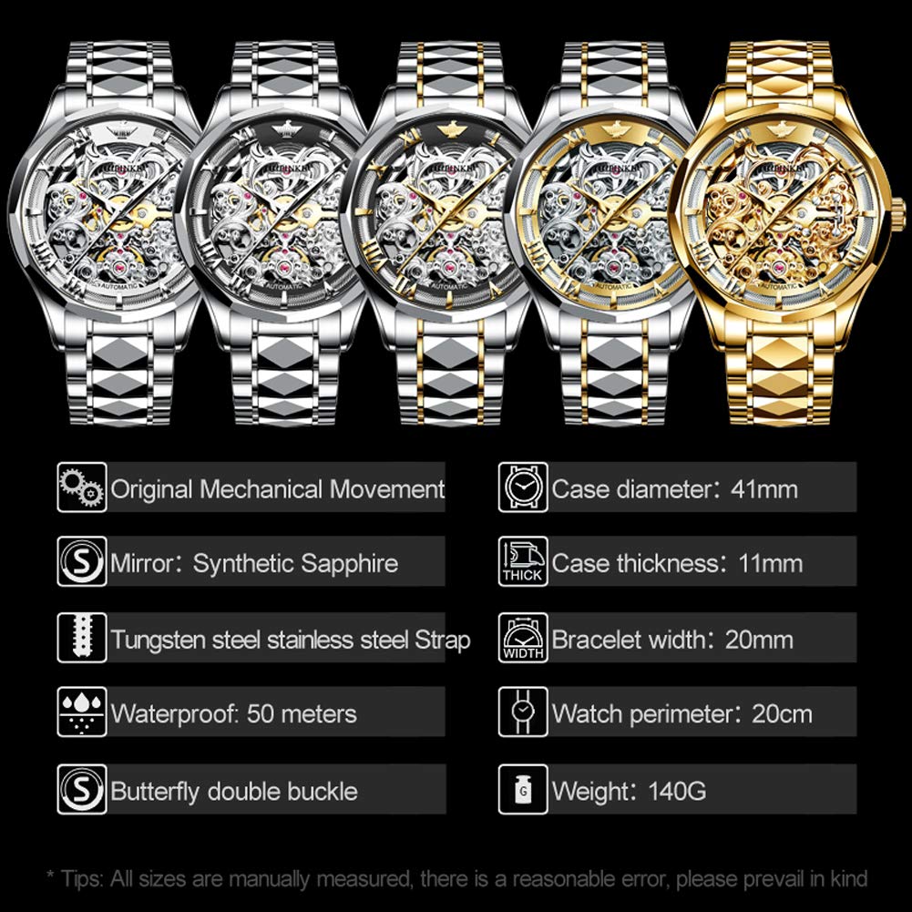 OUPINKE Men's Automatic Skeleton Watch - Self Winding Mechanical Watch with Sapphire Crystal, 50M Waterproof & Tungsten Steel Case - Stylish Hollow Design for Business, Formal & Casual Wear