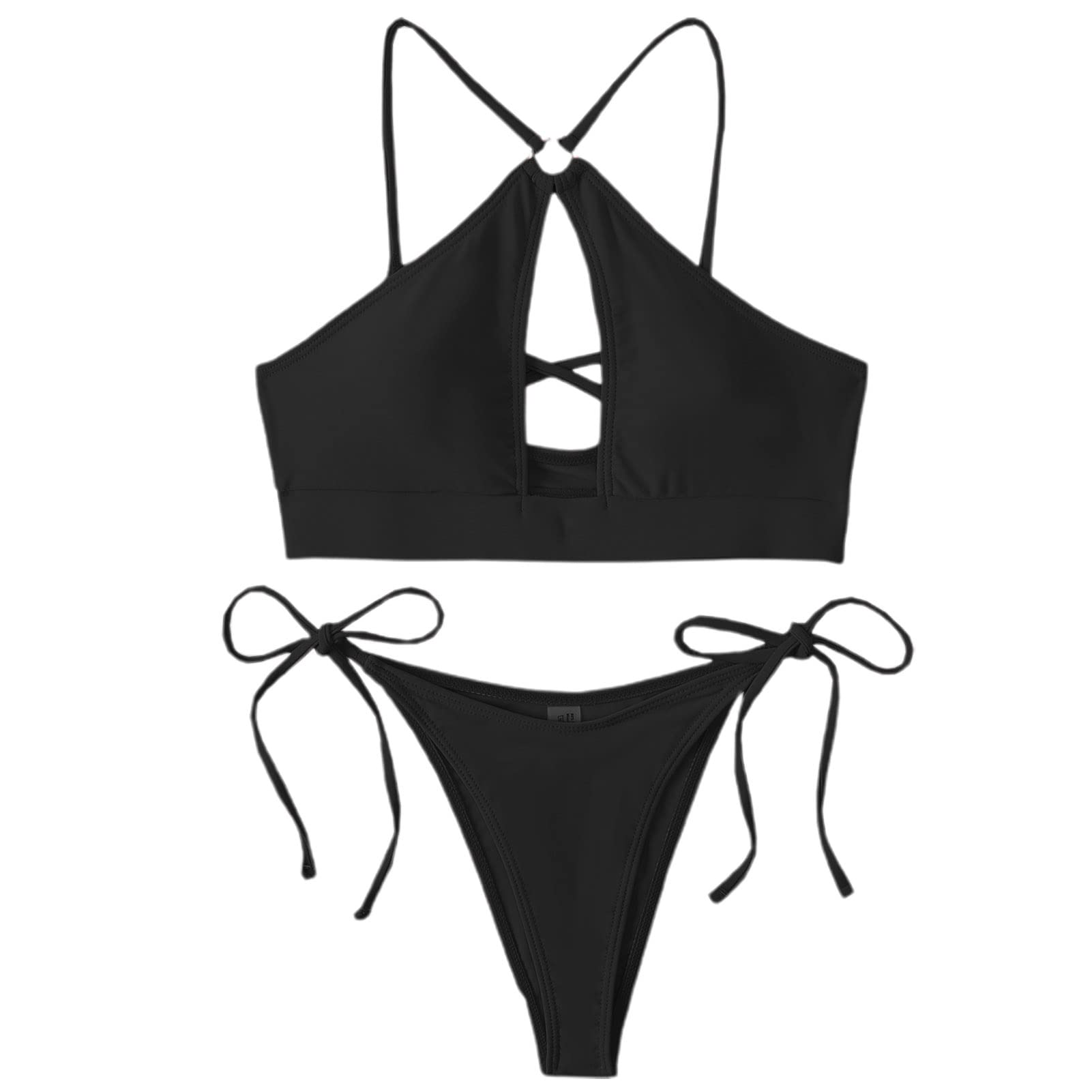 Unizhouxi Front Hollow Lace-up Girls Bikini Set - 2 Piece Solid Color Bra & High Cut Thong Swimwear for Pool, Beach & Summer Vacation - Black | Perfect for Swimming, Sunbathing & Tropical Getaways