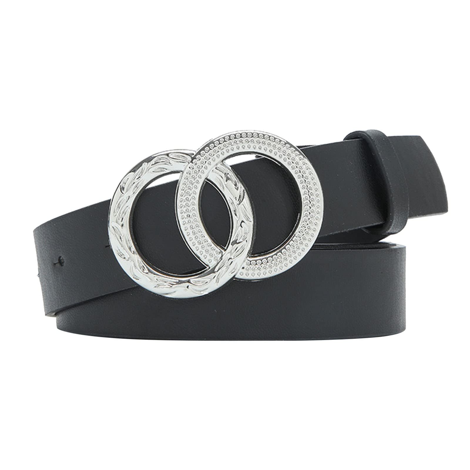 Women's Black Faux Leather Belts for Jeans - Stylish Double O Ring Buckle Fashion Accessory - Perfect for Casual Wear, Office Outfits & Everyday Style