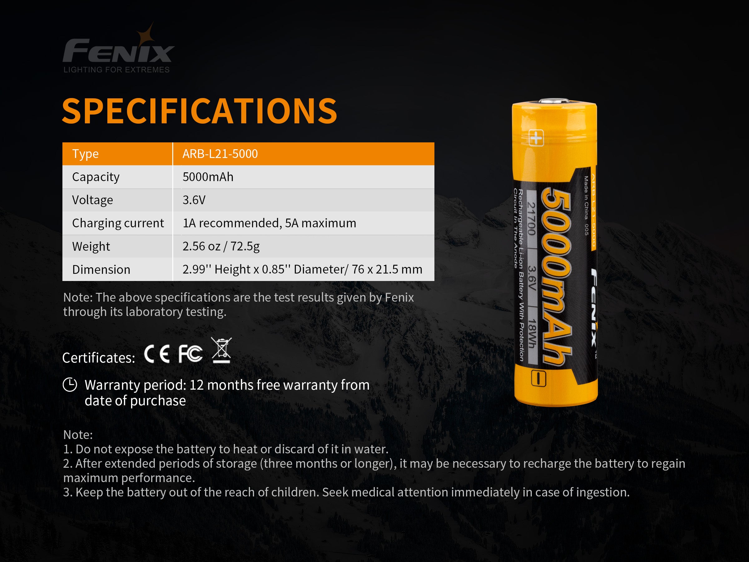 Fenix 21700 Rechargeable Li-ion Battery 5000mAh V2 - High Capacity Power for Flashlights, Headlamps & Outdoor Gear | Long Lasting USB-C Rechargeable Battery for Camping, Hiking & Emergency Preparedness