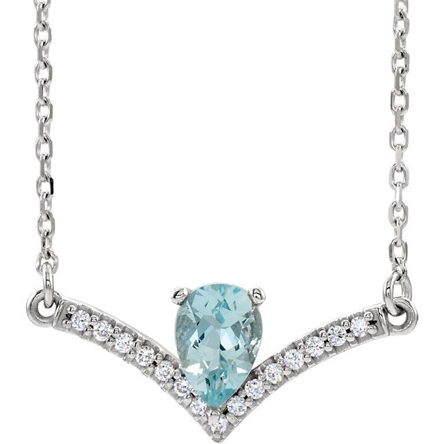 14K Gold 0.35ct Aquamarine & 0.08ctw Diamond V Bar Necklace - Elegant Dainty Pendant for Women, Perfect Gift for Birthday, Anniversary & Valentine's Day