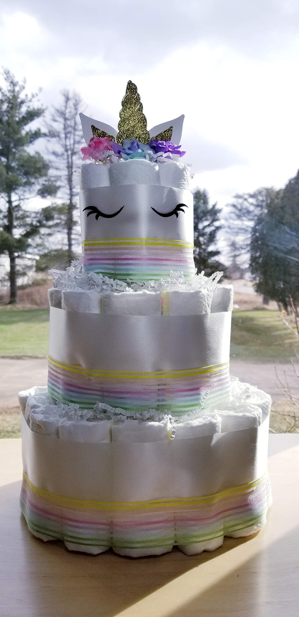 3 Tier Unicorn Diaper Cake for Baby Shower - Pastel Rainbow Diaper Tower with Gold/Silver Options - Perfect Gender Reveal Gift & Newborn Celebration Decoration