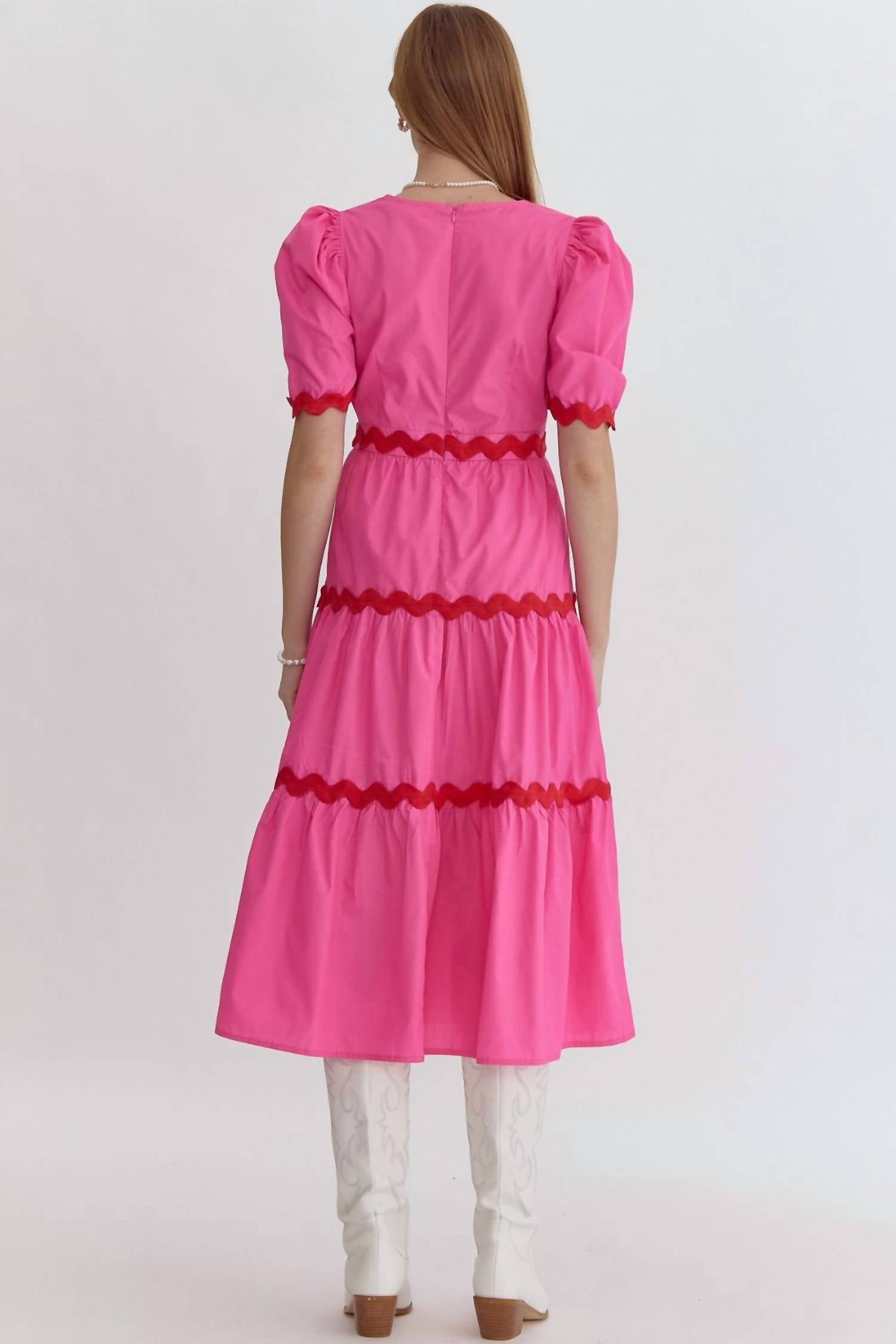Star of the Show Pink and Red Ric Rac Midi Dress - Perfect for Summer Parties, Weddings & Special Occasions