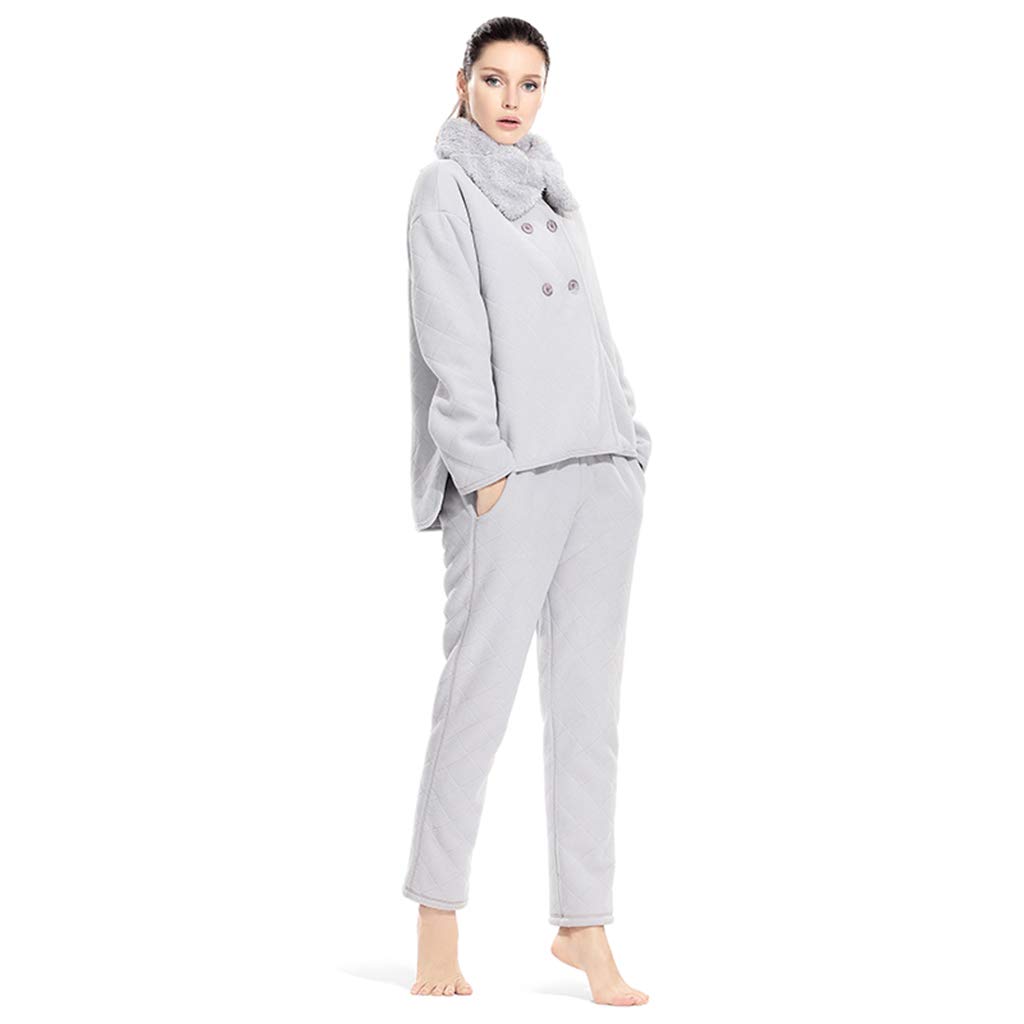 Women's Winter Coral Velvet Pajama Set - Soft Long Sleeve Fleece Sleepwear with Fashionable Fur Collar (Gray, Size S) - Cozy Loungewear for Home, Sleepovers & Cold Weather Comfort