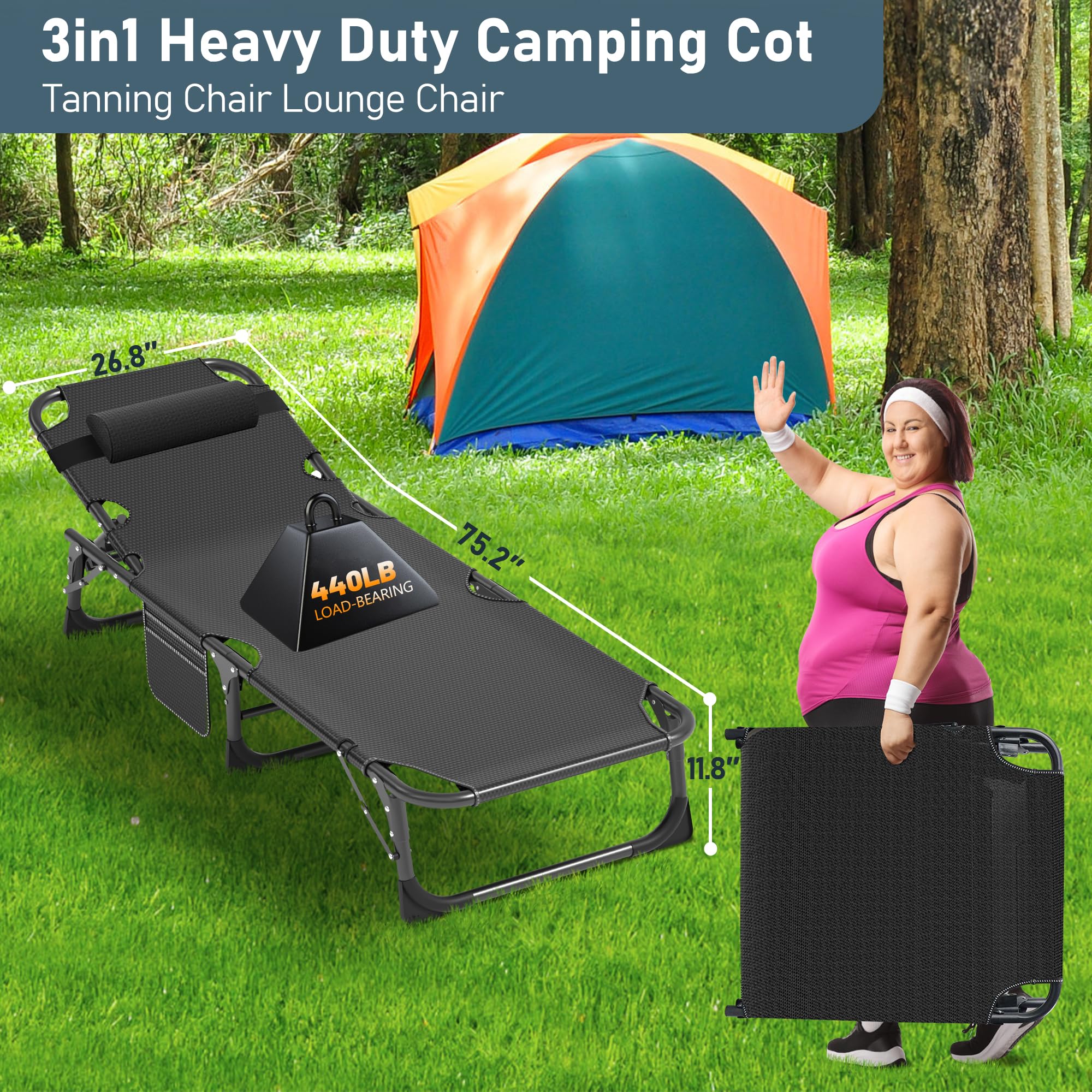 ABORON 5-Position Adjustable Folding Camping Cot for Adults - Portable Sleeping Cot, Outdoor Lounge Chair with Pillow - Perfect for Beach, Poolside, Lawn, Camping & Sunbathing - Heavy Duty Reclining Chaise Lounge for Backyard, Patio & Travel