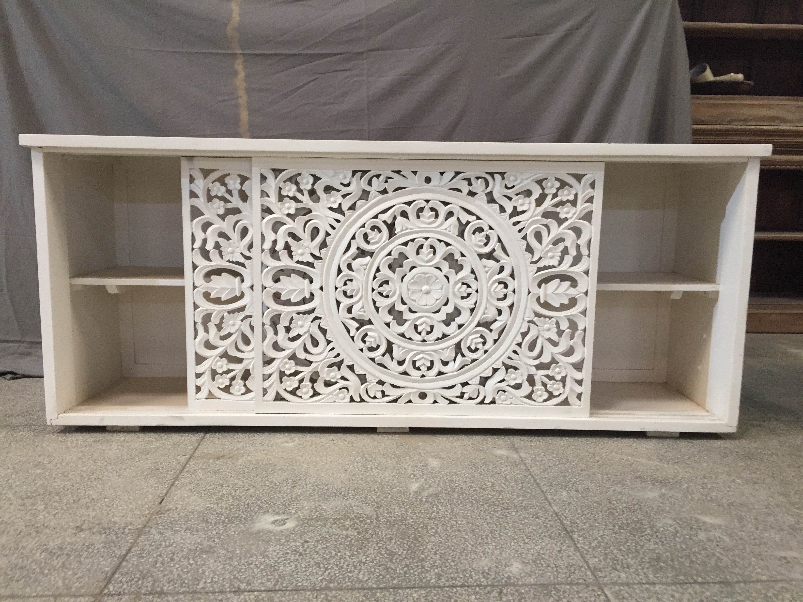 Hand Carved Indian Solid Wood Sideboard with Intricate Carved Doors - White - Perfect for Dining Room, Living Room, or Entryway Storage