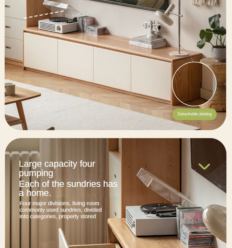 Solid Oak Wood Modern White Integrated Log Floor TV Stand - Stylish Storage for Living Room, Bedroom & Home Theater