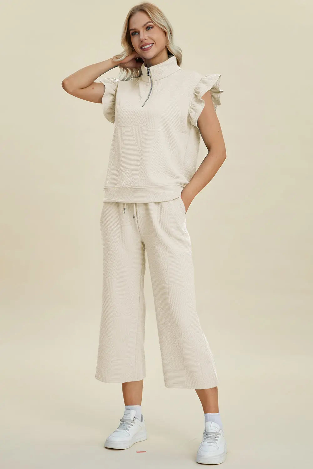 Double Take Women's Full Size Textured Ruffle Short Sleeve Top & Wide Leg Pants Set | Casual Outfit for Summer, Beach, Date Night & Office Wear