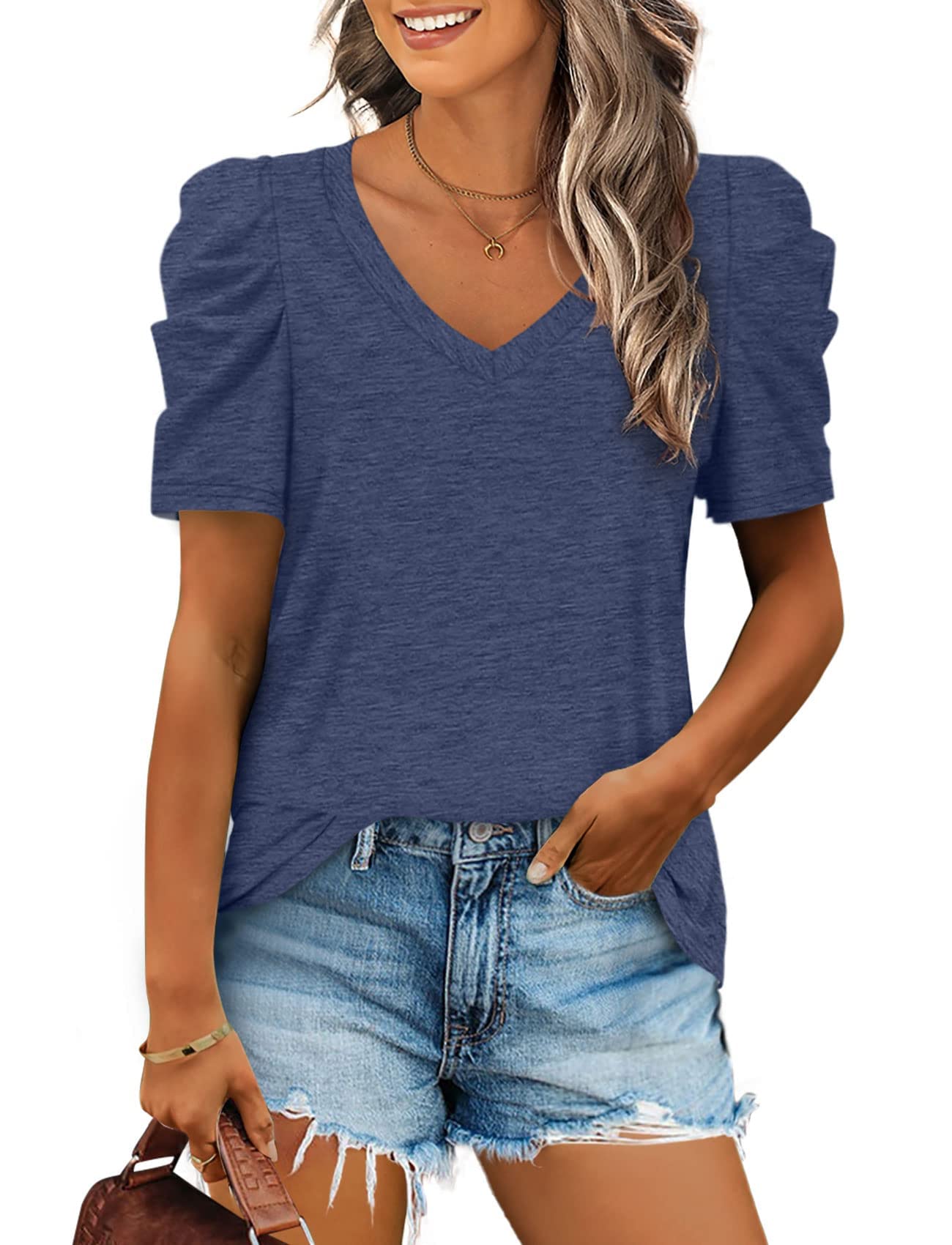 Women's Casual Tunic Tops - Solid Color V-Neck Cap Sleeve Blouse for Everyday Wear | Office, Weekend & Summer Outfits