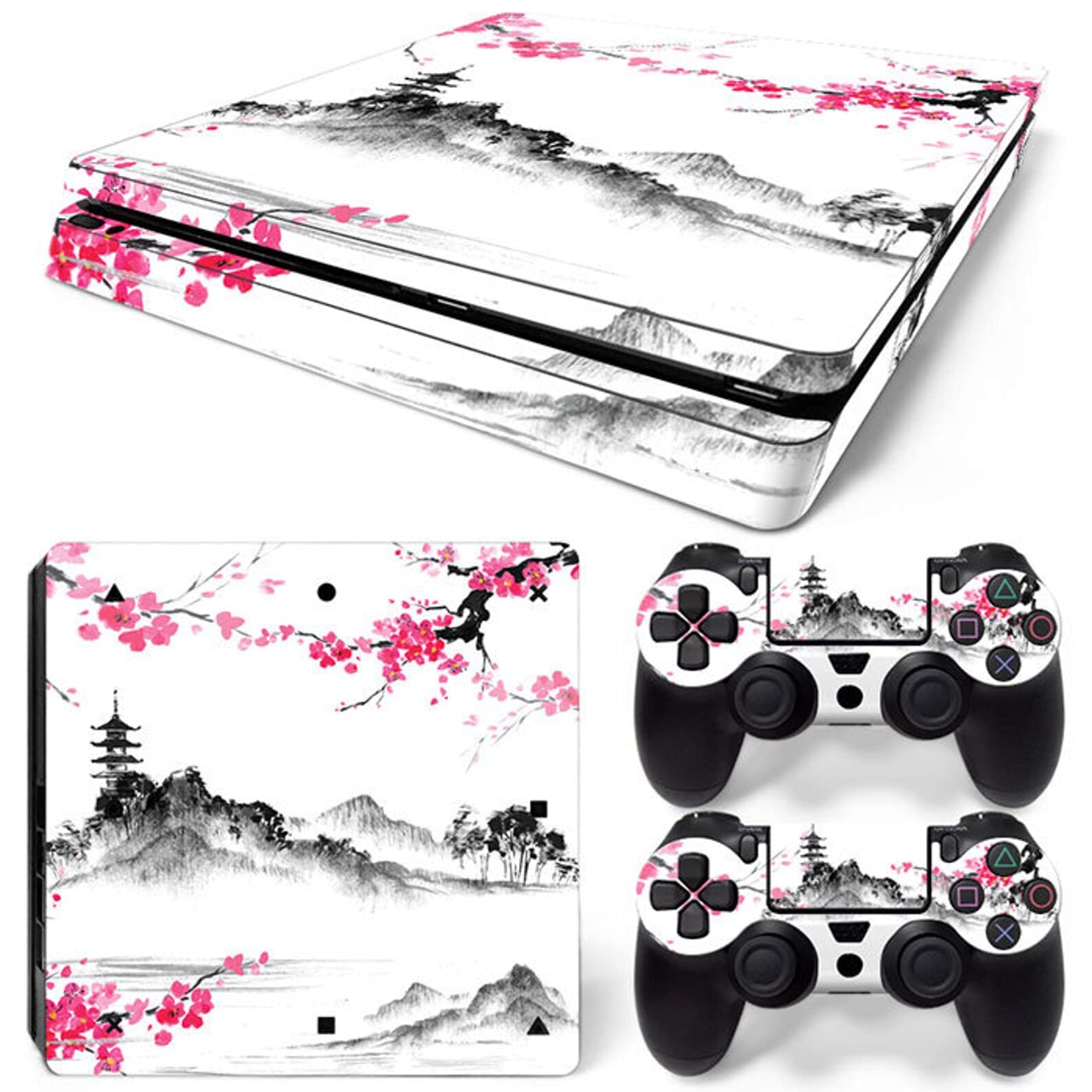 ZOOMHITSKINS PS4 Slim Skin Cover - Japan Sakura Cherry Blossom Temple Flower Design, Durable 3M Vinyl Protective Decal | Made in USA | Perfect for Gaming Setups & Anime-Themed Rooms
