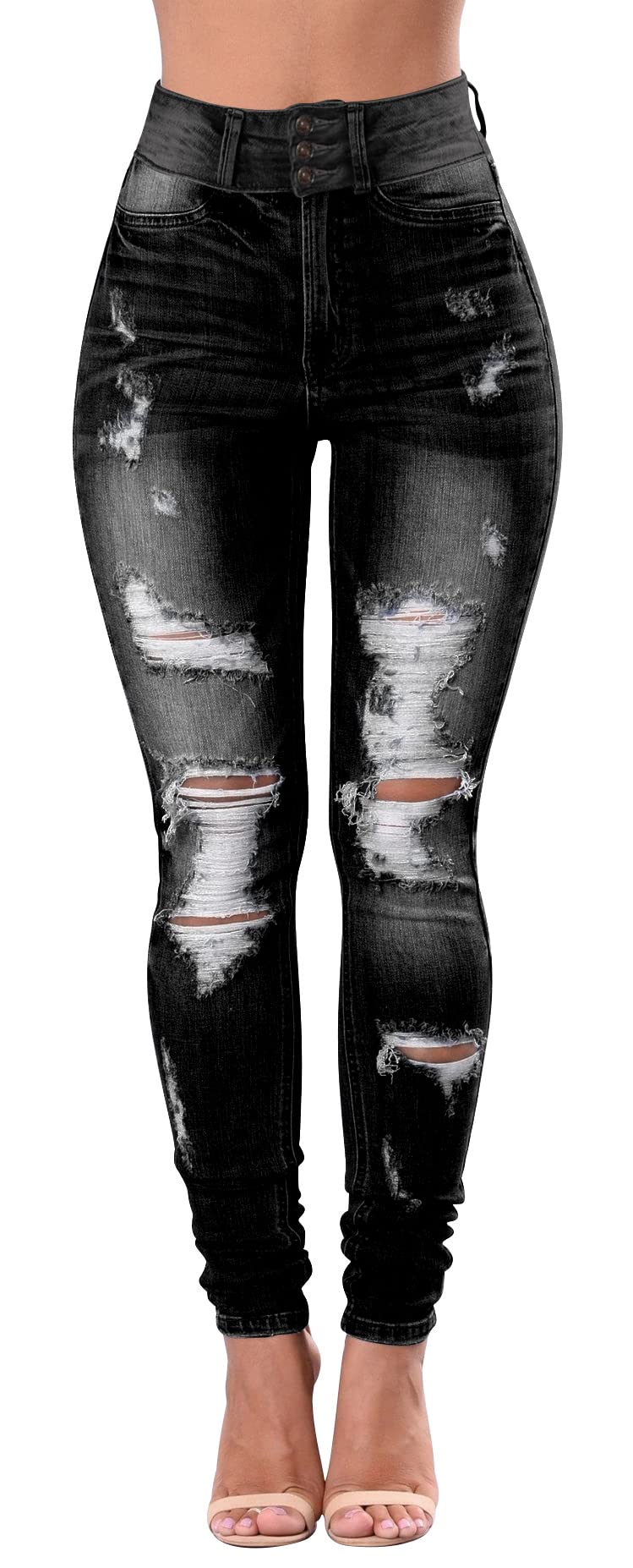 Women's High Waisted Butt Lifting Stretch Skinny Jeans - Ripped Distressed Denim Pants with Button Fly for Juniors | Perfect for Casual Outfits, Date Nights & Streetwear Fashion