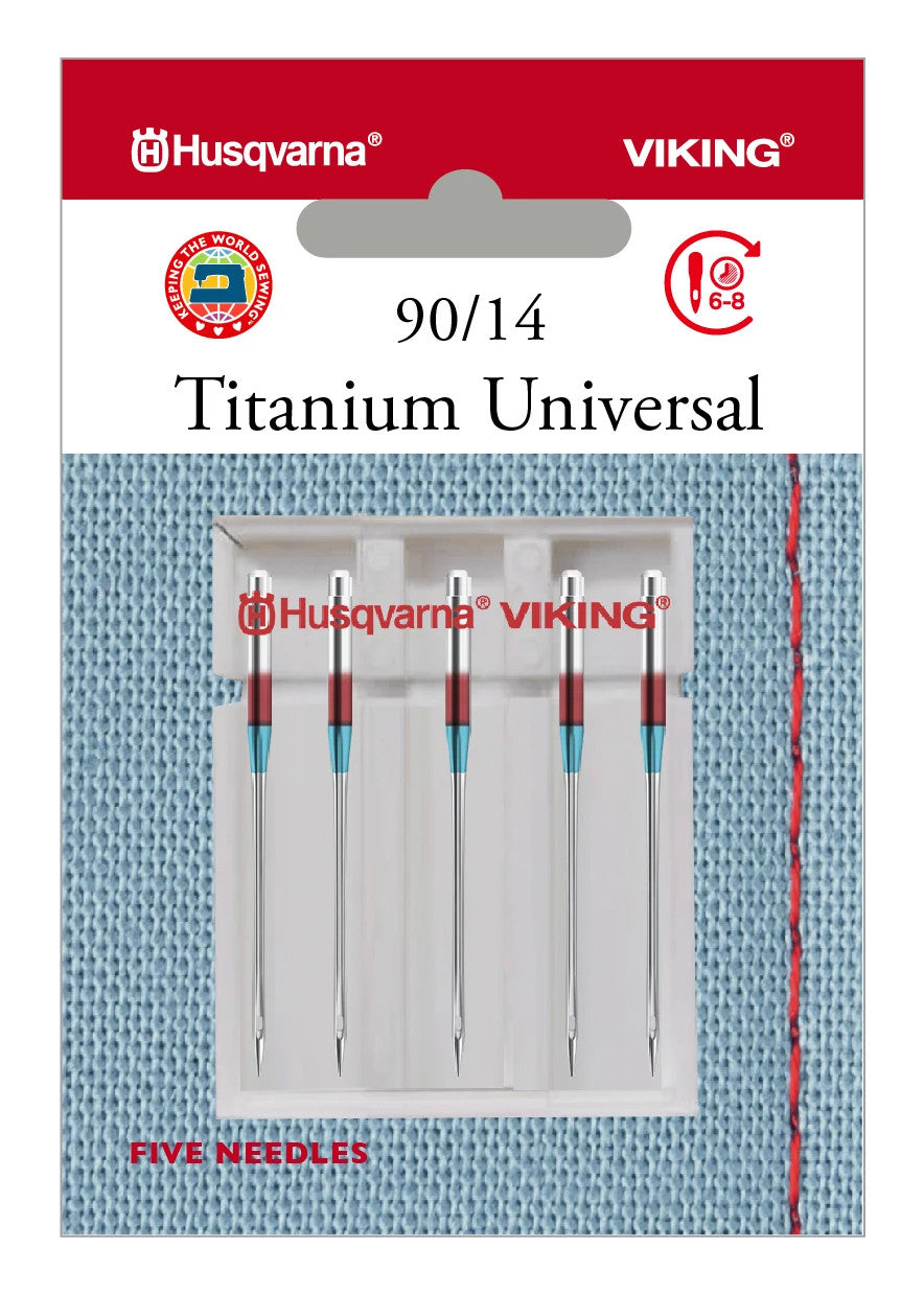HUSQVARNA® VIKING® Universal Titanium Needles Size 90/14 - 5 Pack for Heavy Fabrics | Perfect for Denim, Leather & Quilting | Sewing Machine Needles for Professional & Home Use
