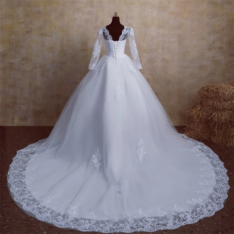 Elegant V-Neck Long Sleeve Plus Size Wedding Dress with Cathedral Train - Perfect for Bridal Ceremonies & Formal Events