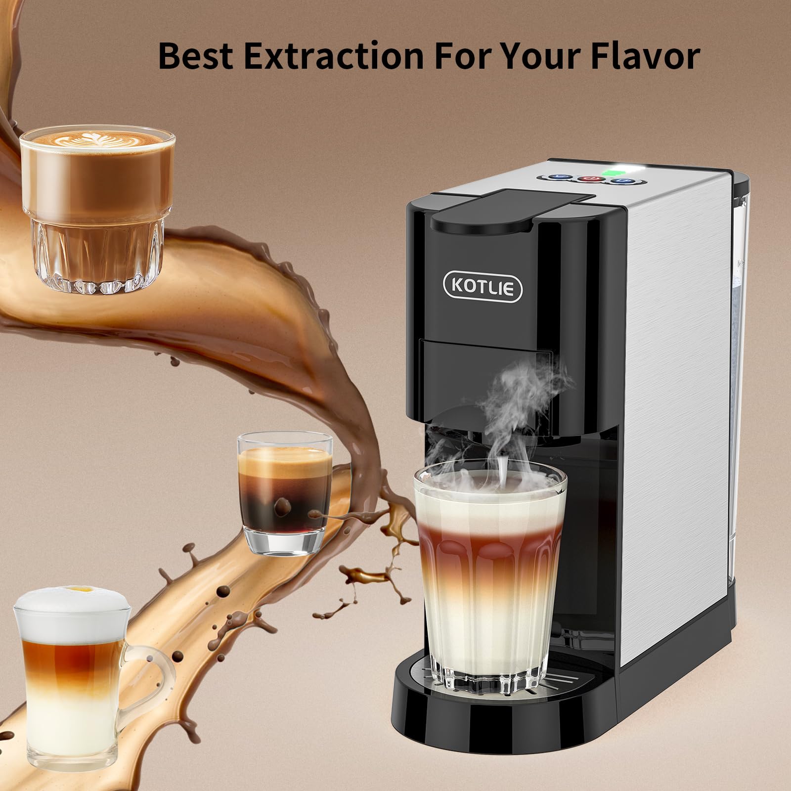 KOTLIE 19Bar Single Serve Coffee Maker - 5-in-1 Espresso Machine Compatible with Keurig K-Cups, Nespresso Original, Dolce Gusto, Ground Coffee & 44mm ESE Pods - 7 Water Levels - Hot & Cold Brew Coffee Machine for Home, Office or Dorm Use