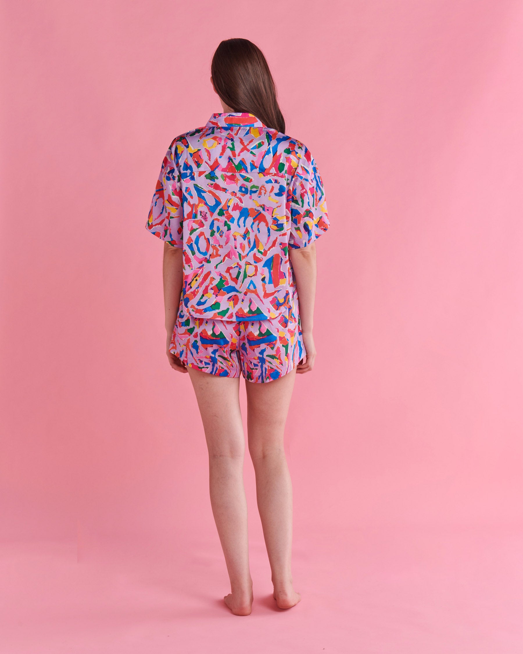 Kip&Co x Jenny Kee Opal Oz Pax Lilac Eco Satin Short Sleeve Shirt & Short Pajama Set - Women's Sustainable Sleepwear for Summer Nights & Lounge Wear