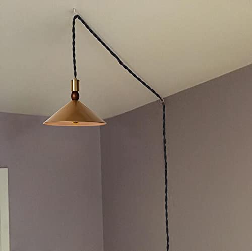 15 Ft Black Twisted Cord E26 Base Gold Metal Pendant Light Fixture with Dimmer Switch - Industrial Design Plug-in Hanging Light for Bay Window, Restaurant, Laundry Room & Farmhouse Decor (Bulb Not Included) - Perfect for Ambient Lighting in Dining Areas, Kitchens and Commercial Spaces