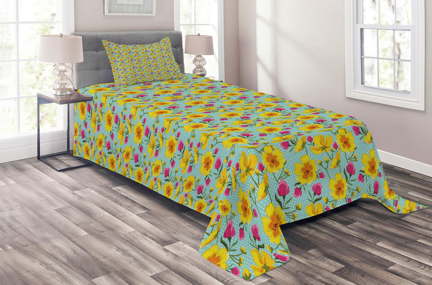 Ambesonne Floral Quilt Set - Twin Size 2-Piece Bedspread with Pillow Sham, Polka Dot & Colorful Flower Design, Rosebud Tulips Arrangement in Seafoam Magenta - Romantic Bedroom Decor for Guest Rooms & Master Suites