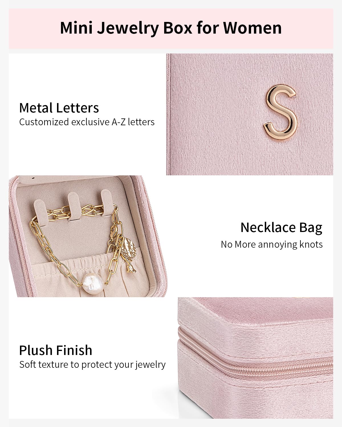 Vlando Personalized Initial Jewelry Travel Case - Small Pink Jewelry Box for Women, Girls, Mom & Grandma | Perfect Mother's Day Gift, Birthday Present | Compact Jewelry Organizer for Travel, Vacation & Daily Use