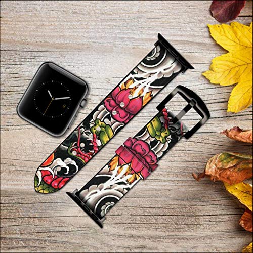 Yakuza Tattoo Leather & Silicone Smart Watch Band for Apple Watch Series 38mm/40mm/41mm - Stylish Durable Replacement Strap for Workout, Office & Casual Wear