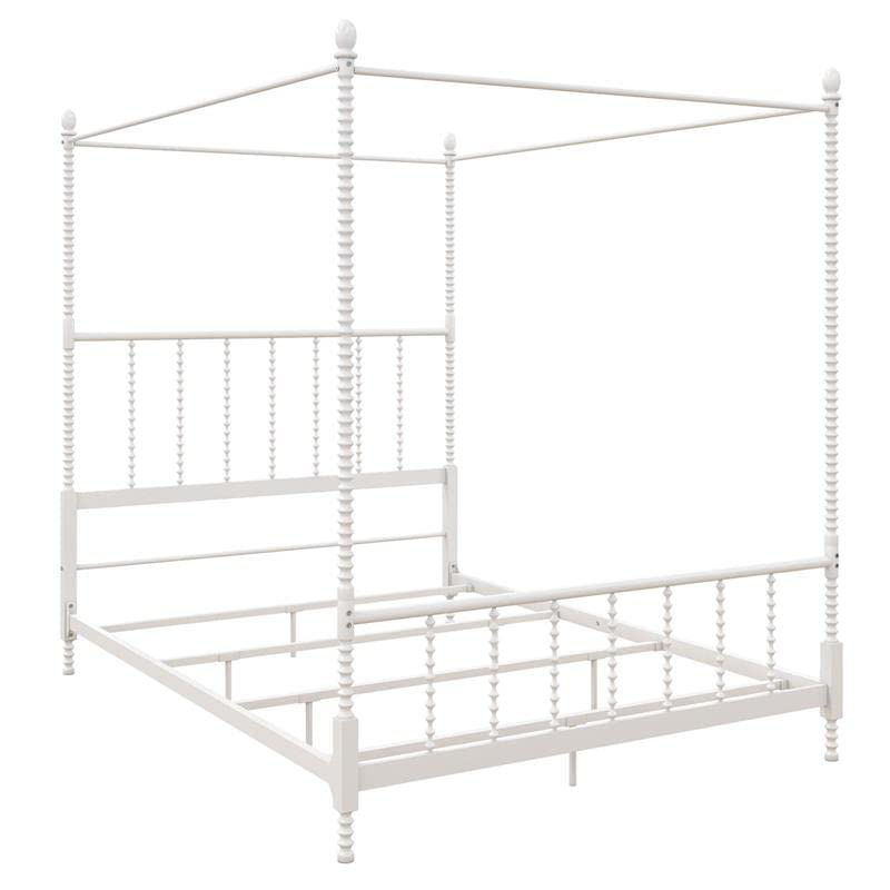 DHP Jenny Lind Full Size Metal Canopy Bed Frame - White Four Poster Design with Decorative Spindles Headboard & Footboard | Perfect for Vintage Bedroom Decor, Guest Rooms & Dormitories