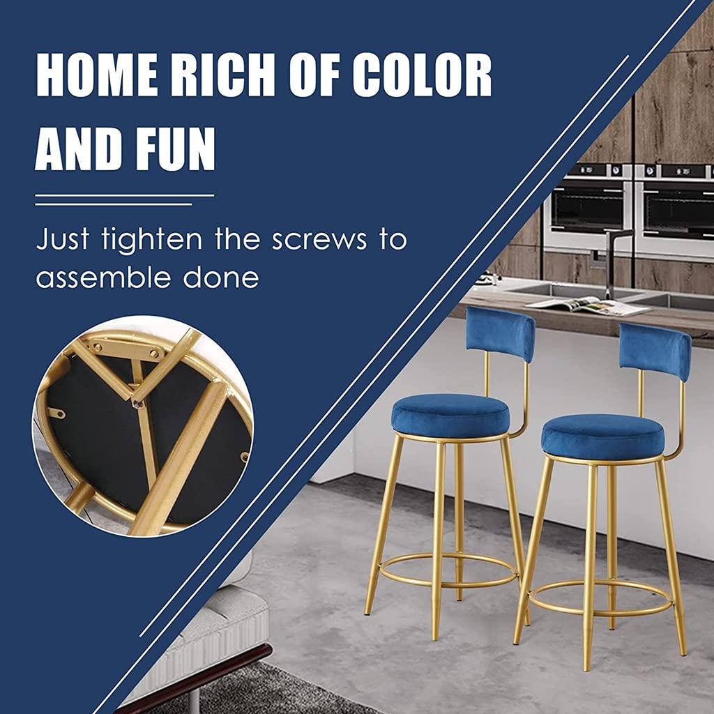 Velvet Upholstered Modern Bar Stool with Golden Metal Legs & Footrest - Counter Height Kitchen Island Stool for Breakfast Nook, Home Bar, Restaurant & Cafe Decor
