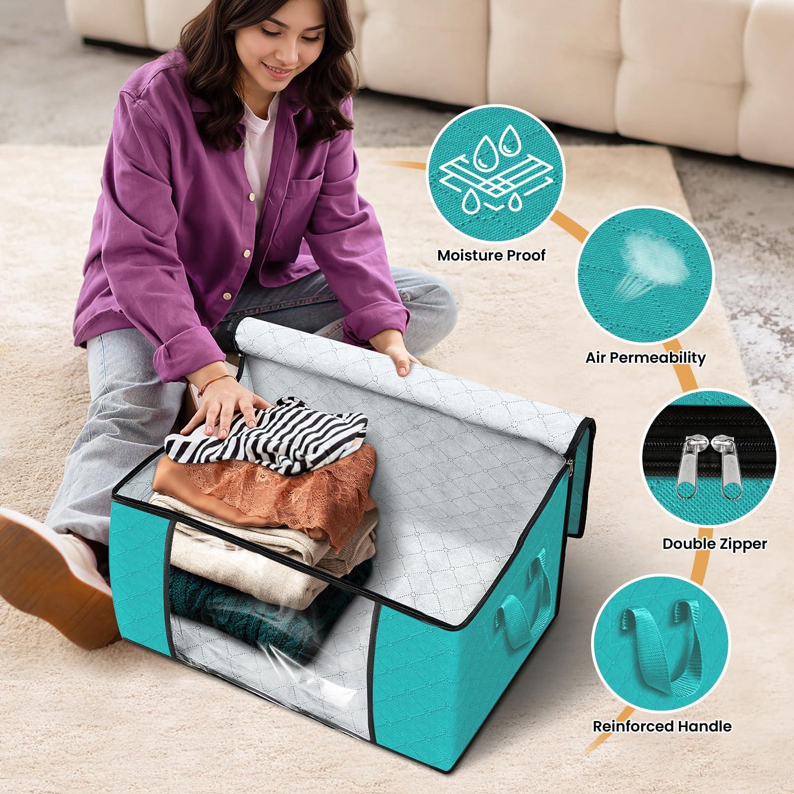 6-Pack Foldable Thick Fabric Storage Bags with Handles - Organize Clothes, Blankets, Comforters | Perfect for Bedroom, Closet & Home Organization (Green)