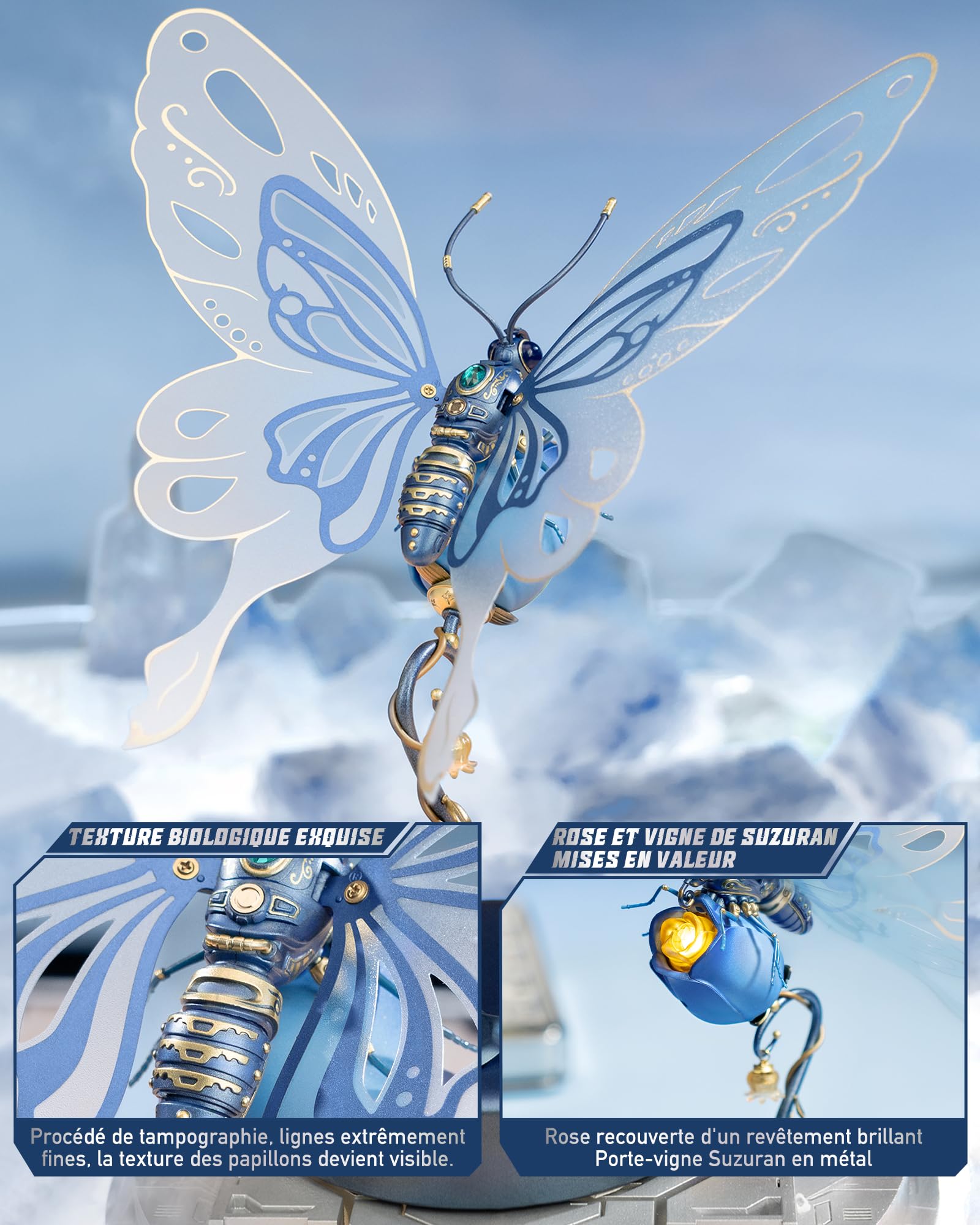 ROBOTIME 3D Metal Mechanical Puzzle Kit - DIY Butterfly Model with LED Lights for Adults & Teens | Unique Home Decor, Birthday Gift | Easy Assembly STEM Building Toy (Blue) - Perfect for Office Desk Display, Night Light, and STEM Education Projects