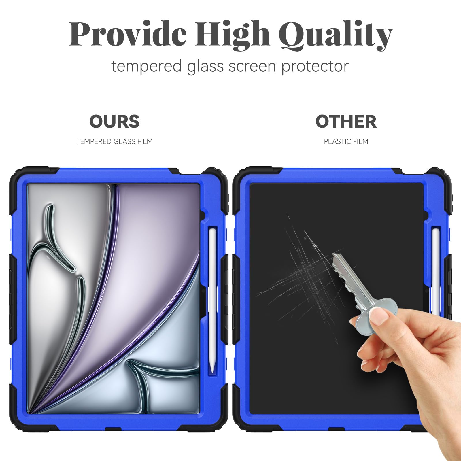 BLOSOMEET Shockproof iPad Air 13 Inch Case (2024 M2 & 2025 M3 Models) with Tempered Glass Screen Protector, Pencil Holder & Adjustable Stand - Rugged Protective Cover with Shoulder Strap for Work, Travel & Outdoor Use (Blue)