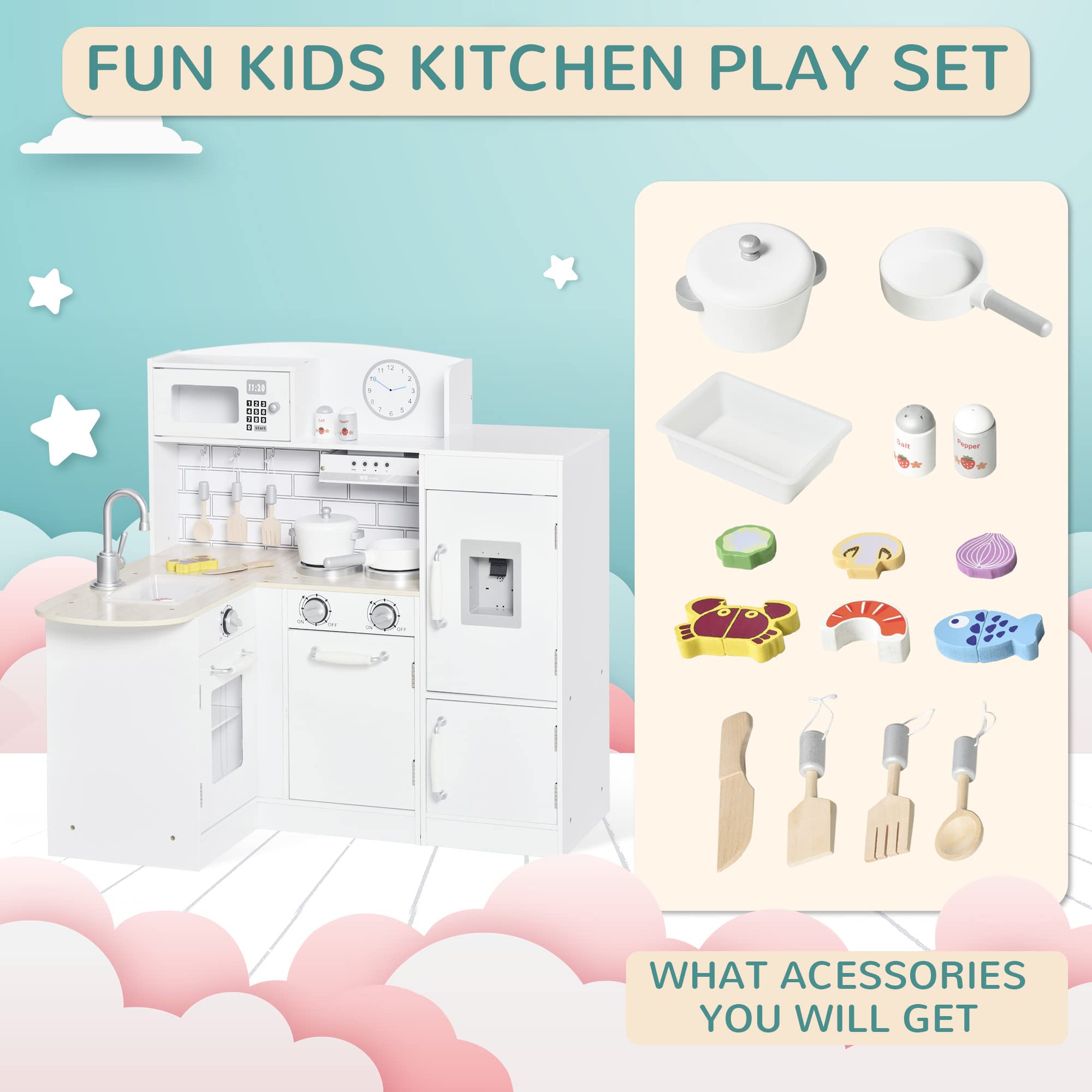 Qaba Corner Kids Wooden Pretend Kitchen Playset with Drinking Fountain, Microwave, Fridge & Accessories - Durable Toy Kitchen for Ages 3+ in White - Perfect for Home, Preschool & Playroom Pretend Play