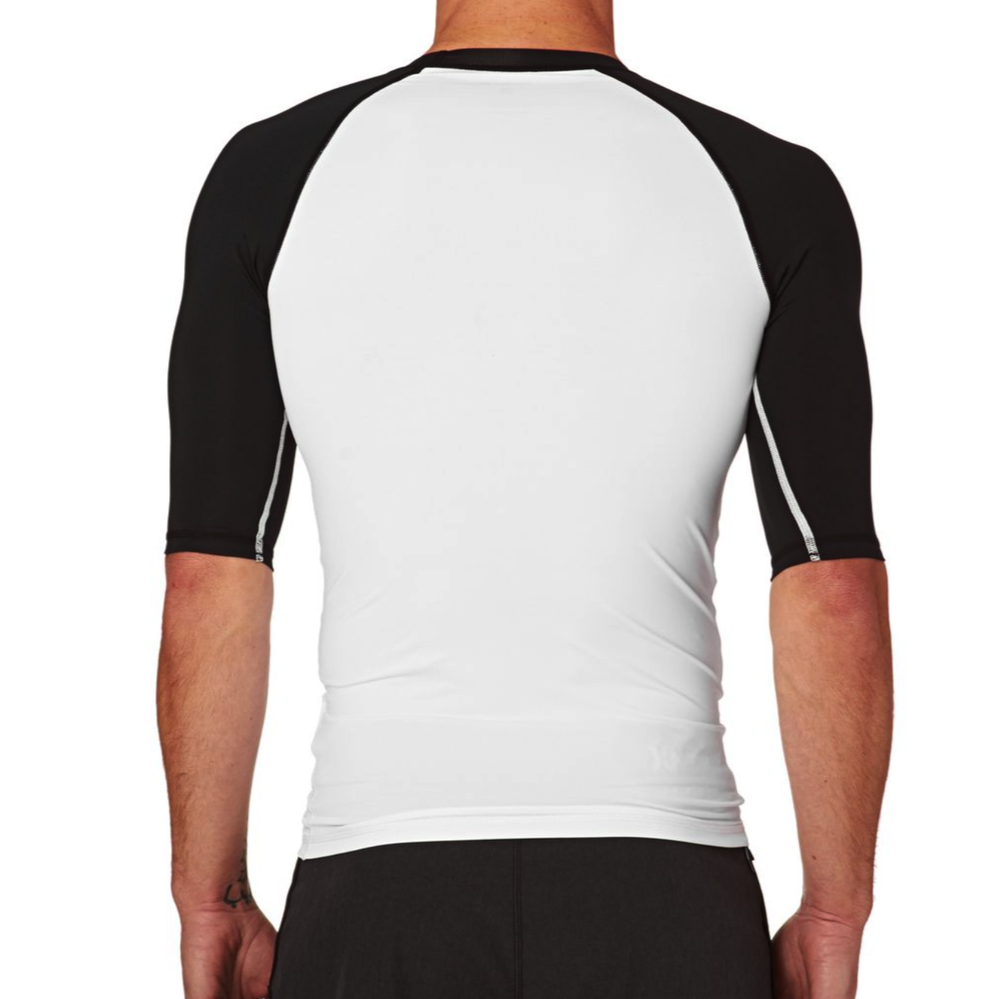 Men's Hurley One & Only Short Sleeve Rash Guard Shirt - Black/White UPF 50+ Sun Protection for Surfing, Swimming & Outdoor Activities